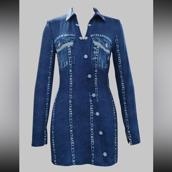 Form Fitting Bodycon Jean Look-a-Like Long Sleeve Polyester Print Dress - Picture 1 of 8